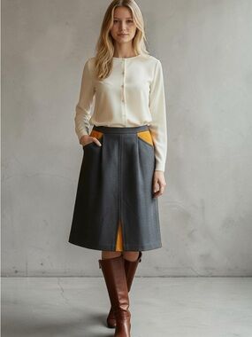 A-line Wool Midi Skirt with Contrast Panels - Gray & Mustard
